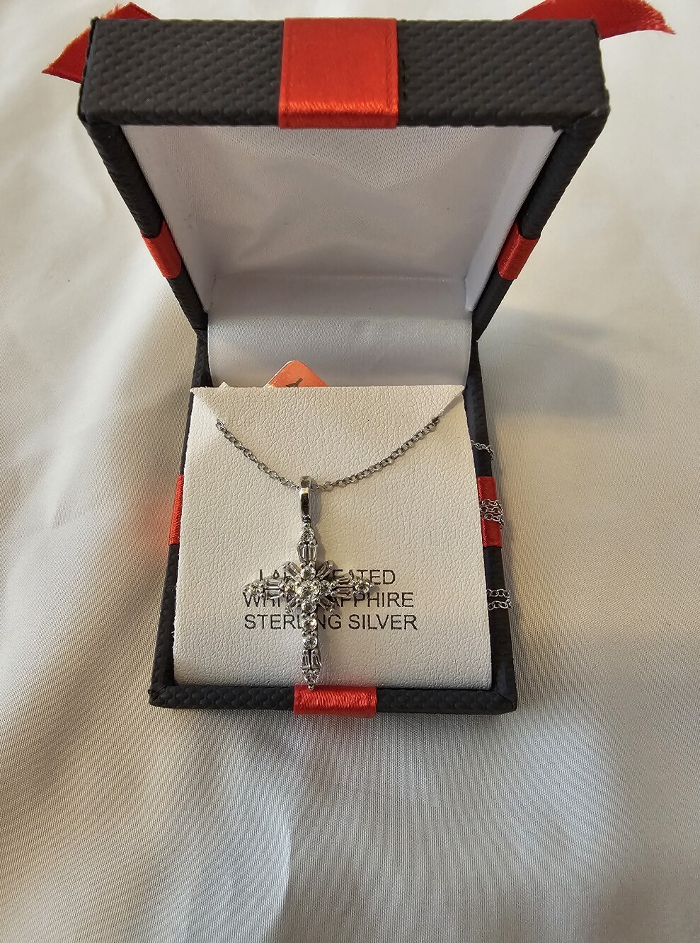 Sterling Silver Cross Pendant Necklace with Lab Grown White Sapphire